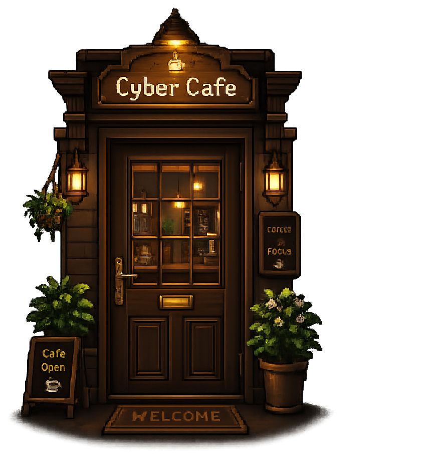 따뜻한 불빛이 비치는 Cyber Cafe 입구